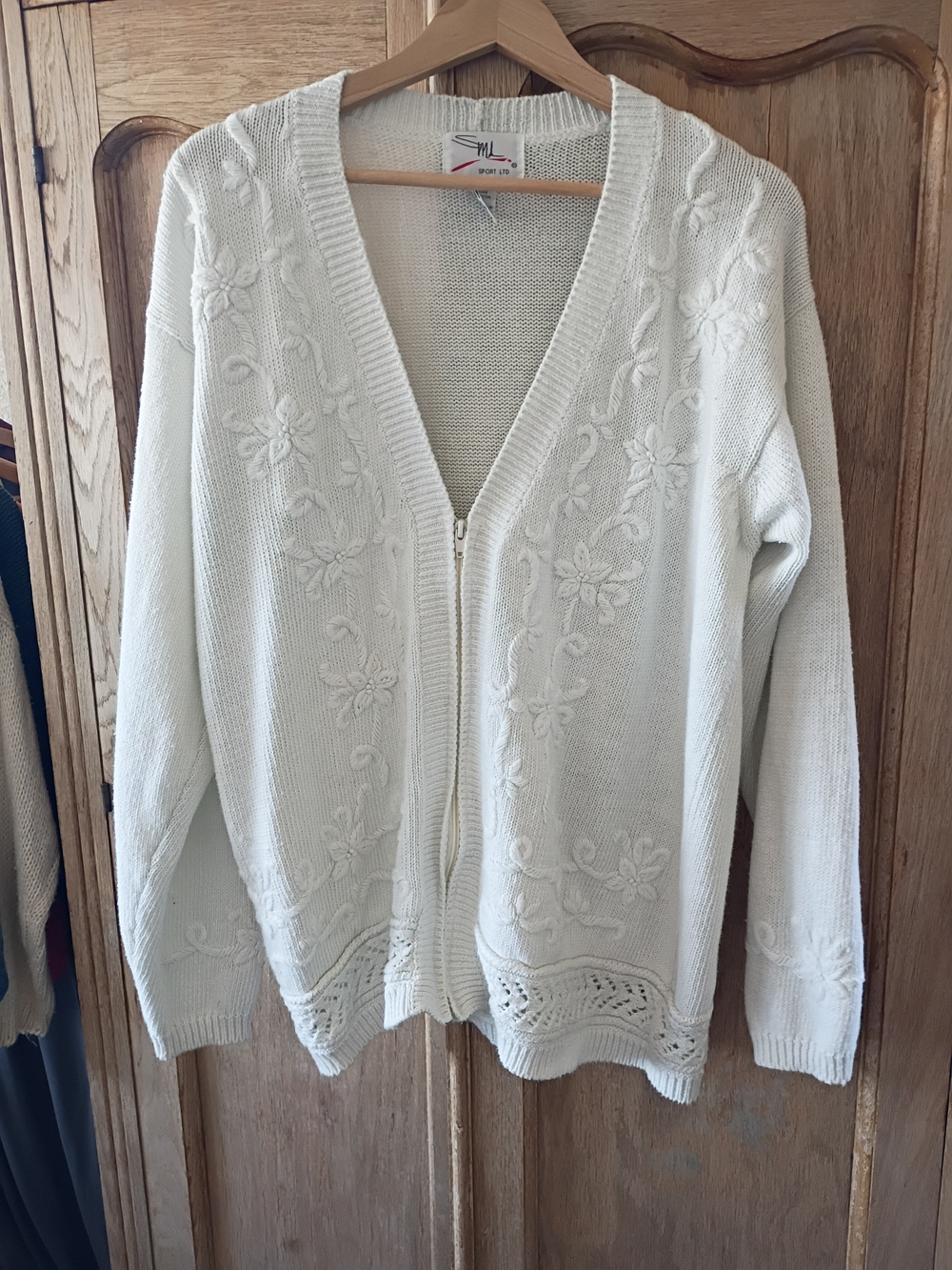 Vintage Cream Floral-Embroidered Zip Cardigan Ramie/Cotton Large